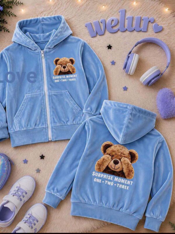 Bluza welurowa z kapturem z motywem misia